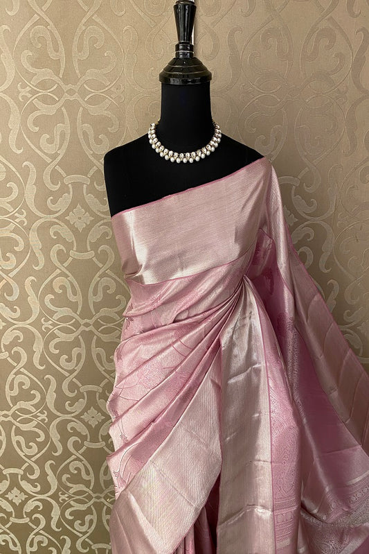 Pink Pure Kanjeevaram Silk Saree With Border And Blouse Piece