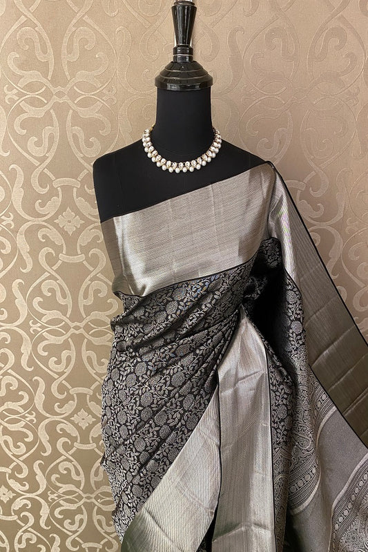 Black Pure Kanjeevaram Silk Saree With Border And Blouse Piece