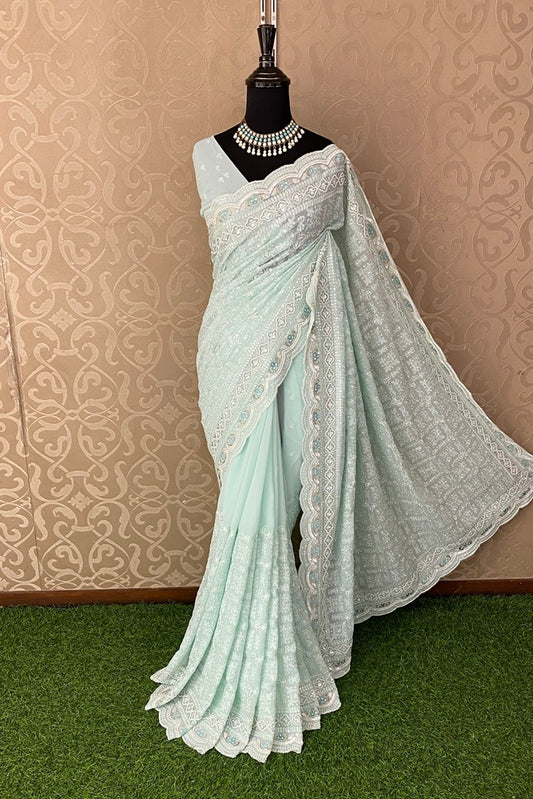 Light Firozi Blue Georgette Saree With Chikankari Embroidery, With Unstitched Blouse