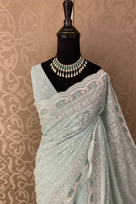 Light Firozi Blue Georgette Saree With Chikankari Embroidery, With Unstitched Blouse