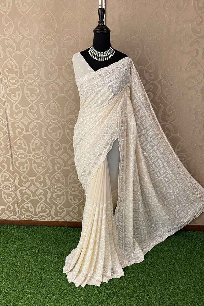 Offwhite Georgette Saree With Chikankari Embroidery, With Unstitched Blouse