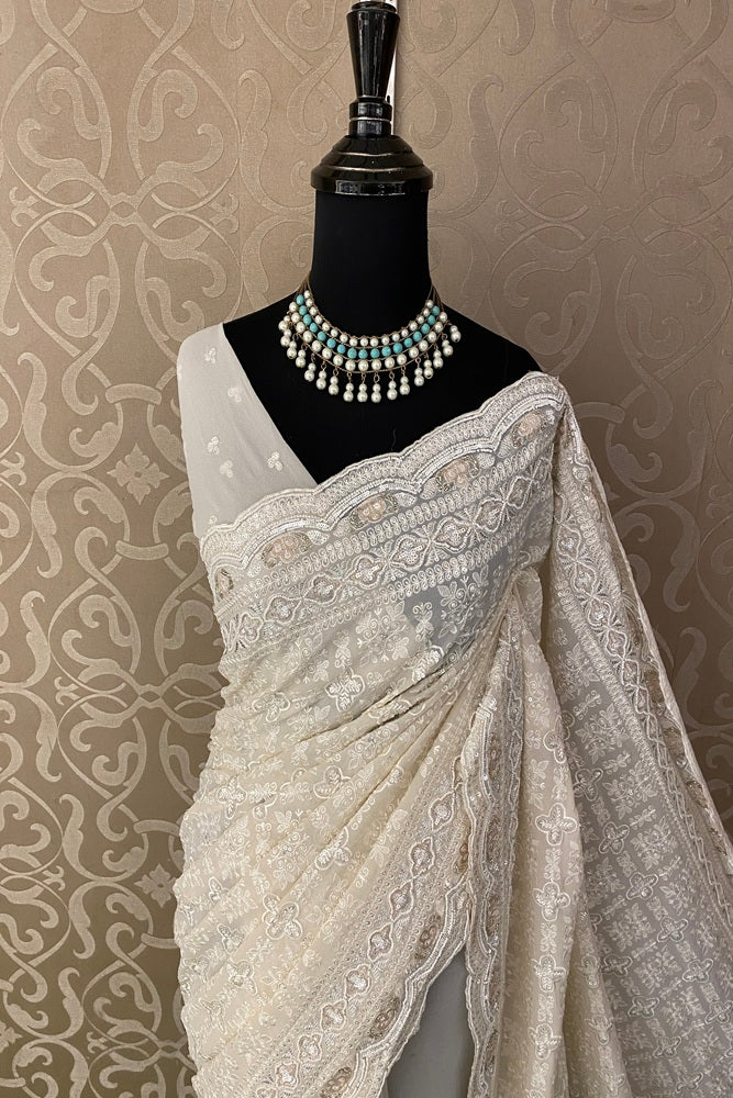 Offwhite Georgette Saree With Chikankari Embroidery, With Unstitched Blouse