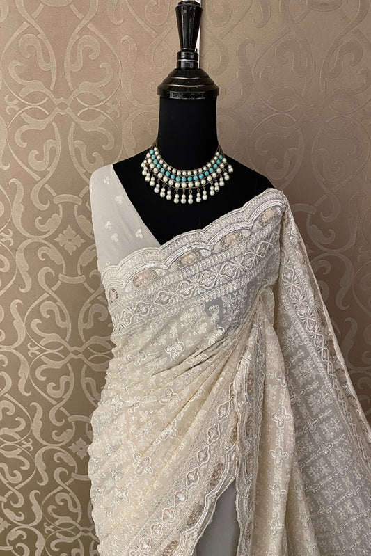 Offwhite Georgette Saree With Chikankari Embroidery, With Unstitched Blouse