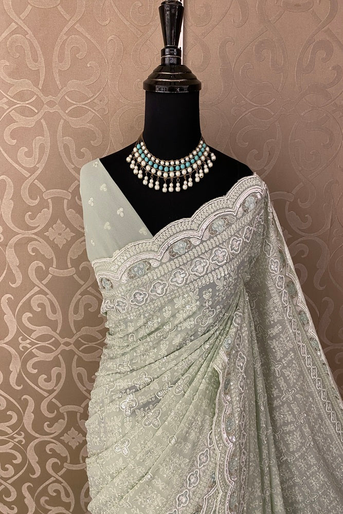Light Green Georgette Saree With Chikankari Embroidery, With Unstitched Blouse