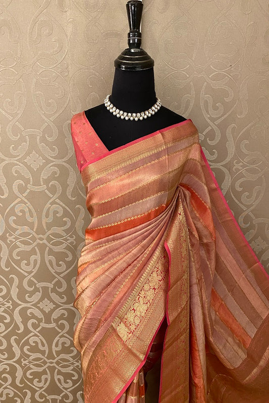 Multi Colour Stripe Pattern Soft Silk Saree Zari Oven With Blouse Piece