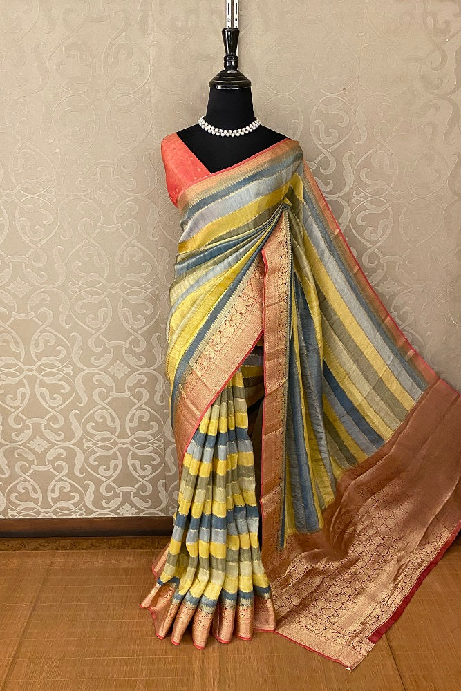 Multi Colour Stripe Pattern Soft Silk Saree Zari Oven With Blouse Piece