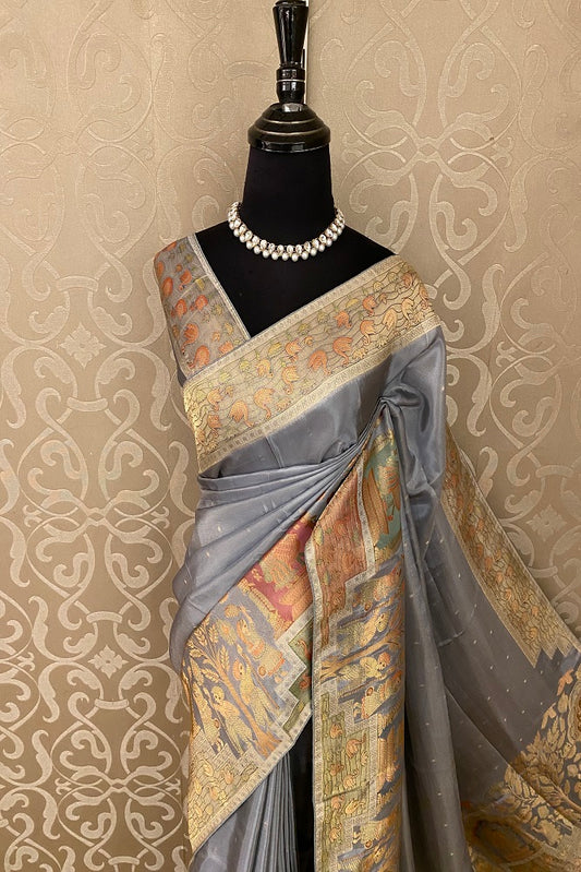 Grey Soft Silk Saree Multi Colour Pattern Oven Work With Blouse Piece