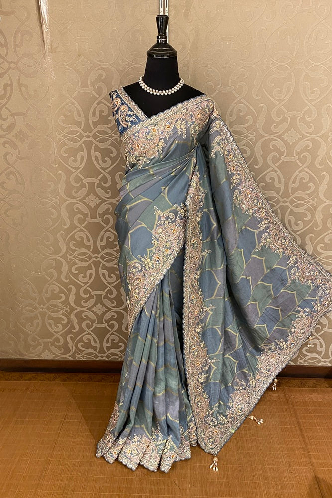 Multi Kanjeevaram Silk Embroidery Saree, With Unstich Blouse
