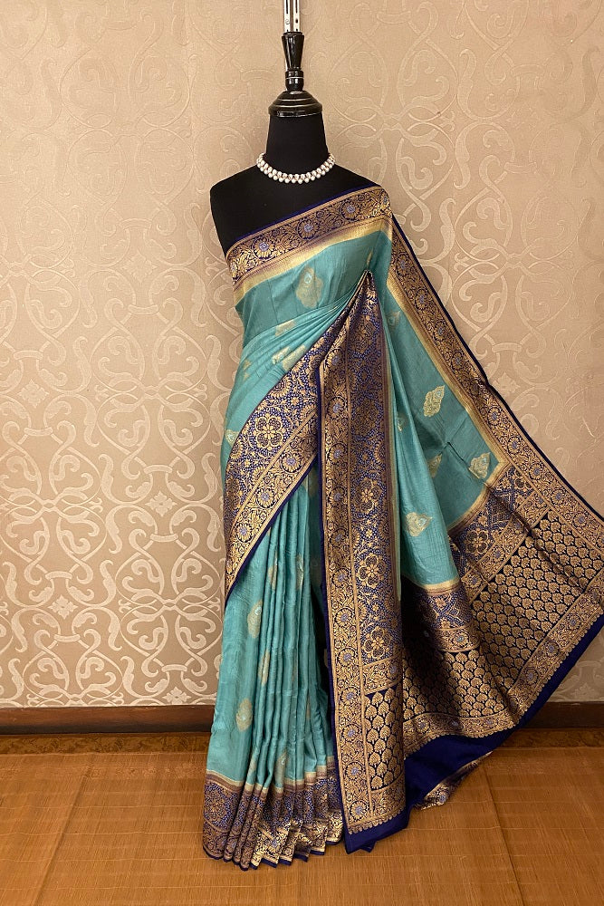 Sky Blue Munga Patola  Silk Saree With Blouse Piece