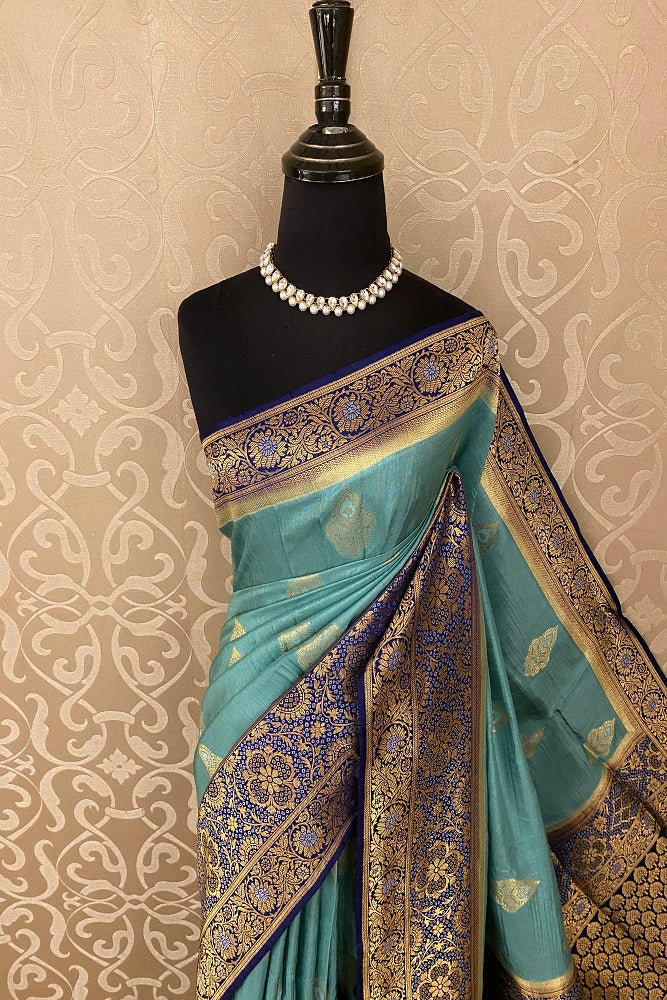 Sky Blue Munga Patola  Silk Saree With Blouse Piece