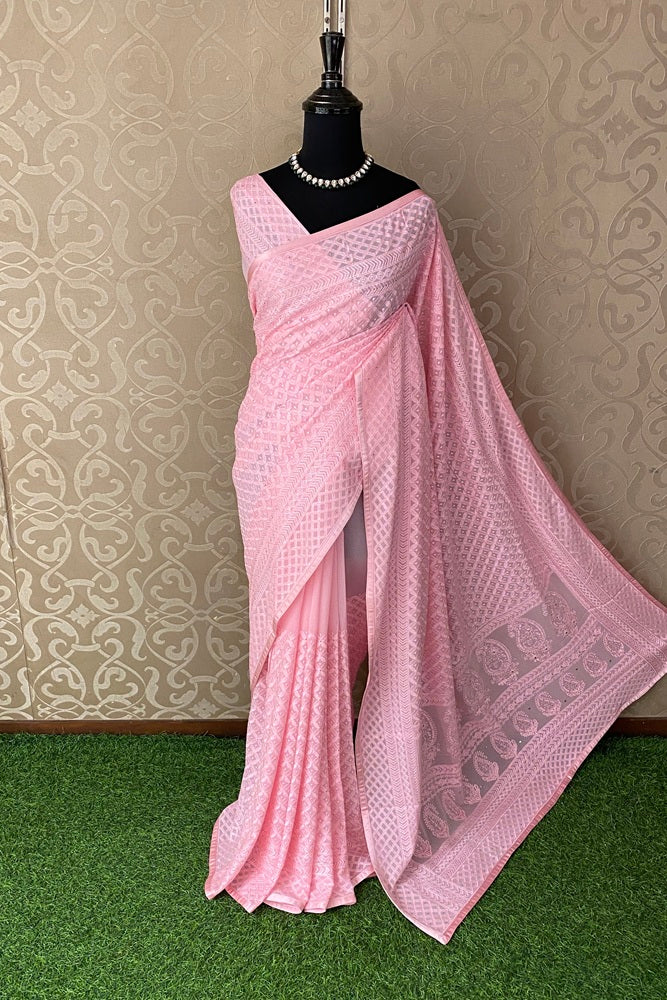 Pink Georgette Chikankari Embroidery Saree, With Unstitch Blouse