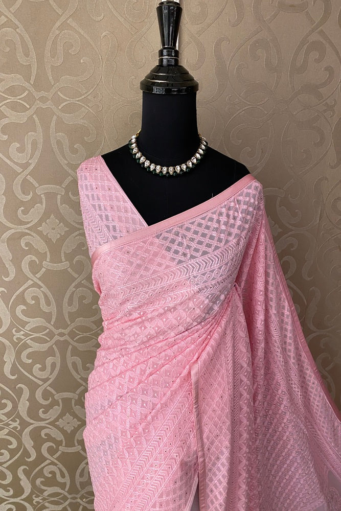Pink Georgette Chikankari Embroidery Saree, With Unstitch Blouse