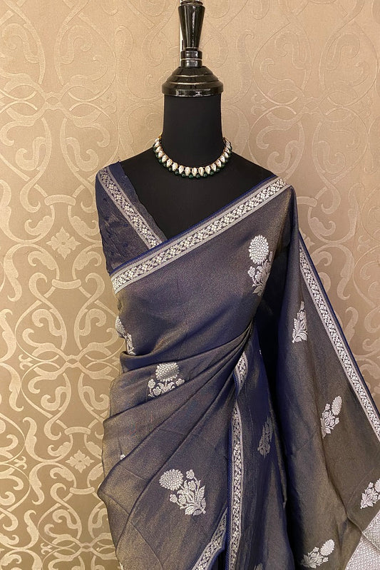 Blue Tissue Banarasi  Silk Saree With Blouse Piece