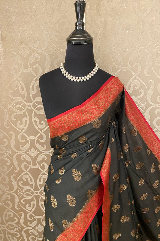Black Munga Banarasi Silk Saree, Hand Woven Motifs With Unstich Blouse