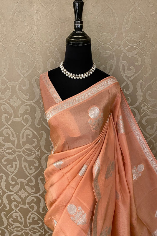 Peach Tissue Banarasi  Silk Saree With Blouse Piece