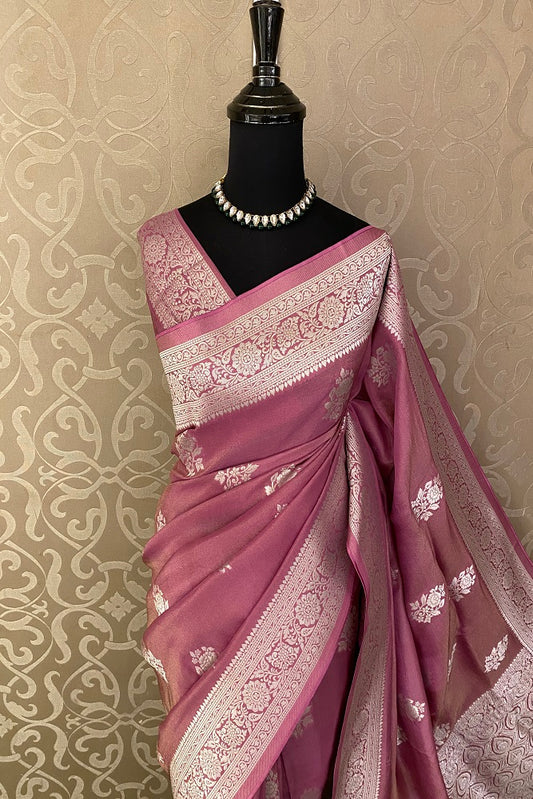 Pink Tissue Banarasi  Silk Saree With Blouse Piece