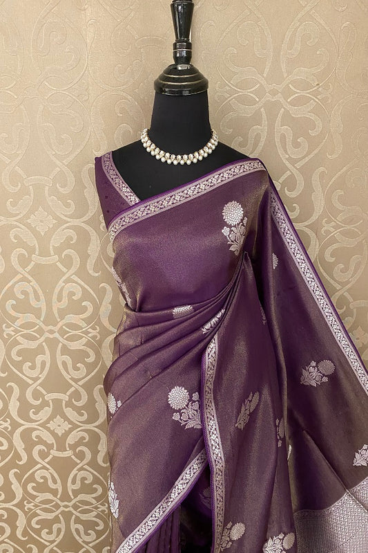 Purple Tissue Banarasi  Silk Saree With Blouse Piece