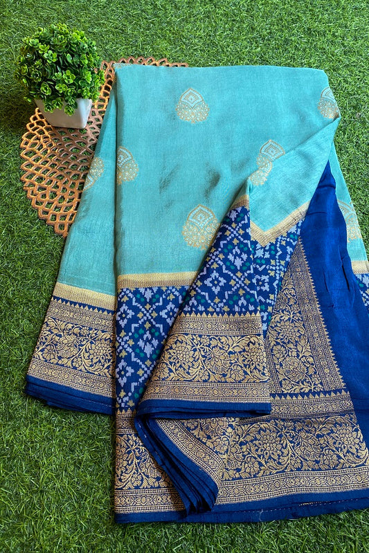 Sky Blue Munga Patola  Silk Saree With Blouse Piece