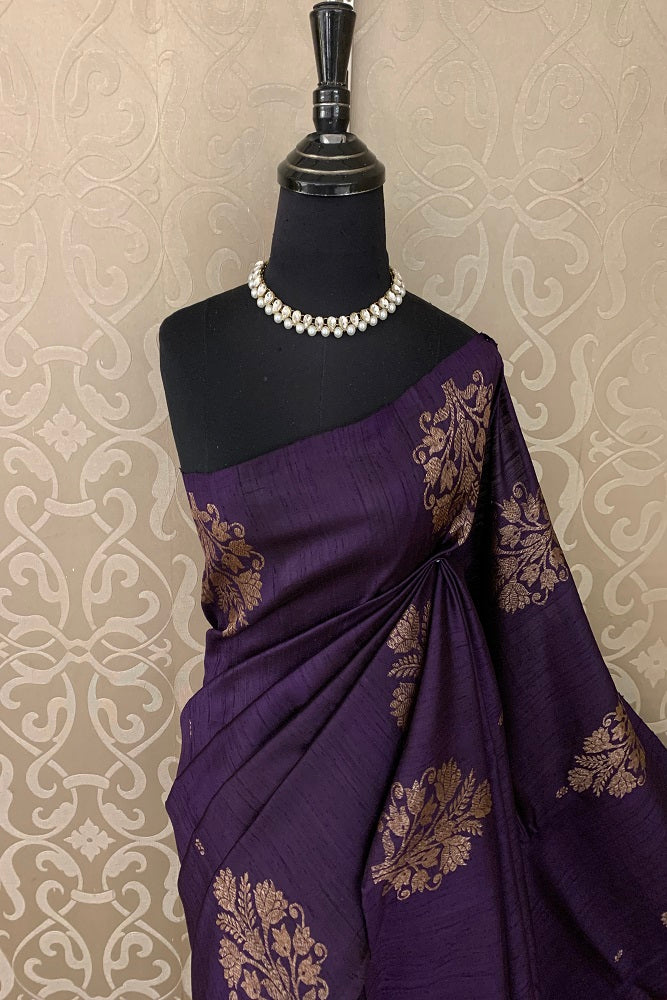 PURPLE PURE TUSSAR BANARASI SILK SAREE WITH HAND WOVEN MOTIFS