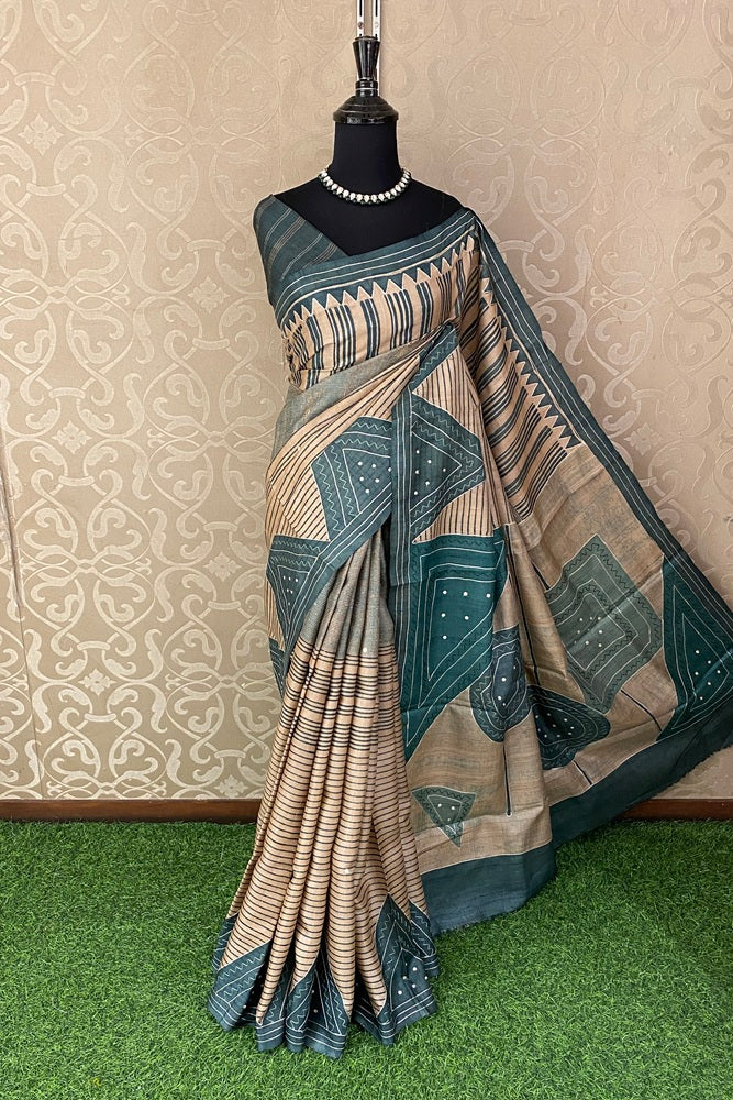 Beige & Teal Blue Tussar Embroidery Saree With Ari Work Border, With Unstitched Blouse