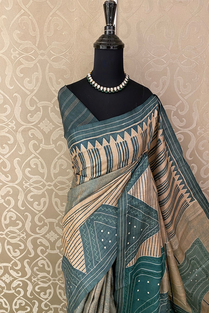 Beige & Teal Blue Tussar Embroidery Saree With Ari Work Border, With Unstitched Blouse