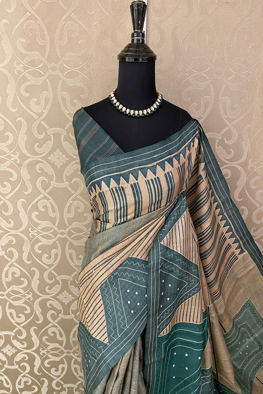 Beige & Teal Blue Tussar Embroidery Saree With Ari Work Border, With Unstitched Blouse