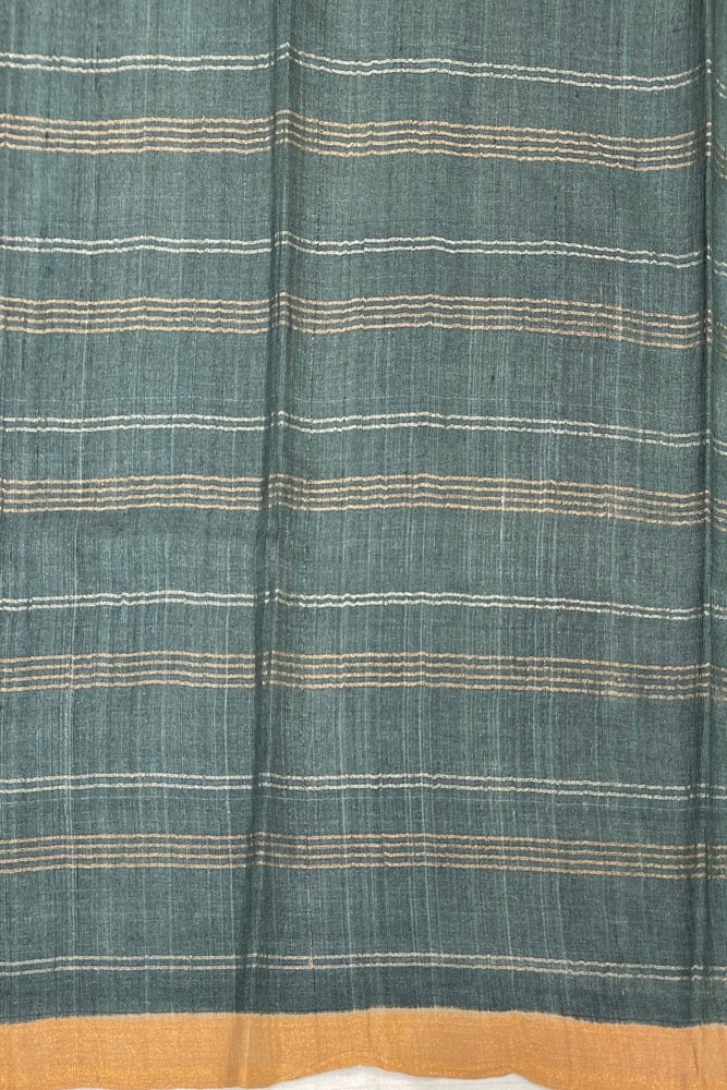 Beige & Teal Blue Tussar Embroidery Saree With Ari Work Border, With Unstitched Blouse