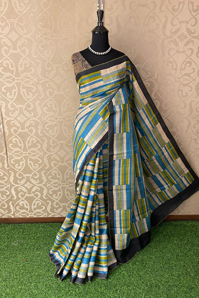 Multi Tussar Printed Embroidery Saree With Kantha Stitched Blouse