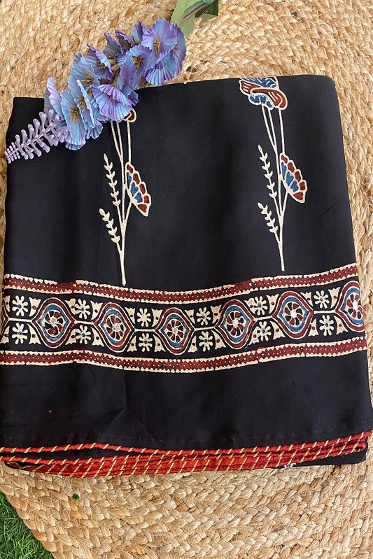 Black Pure Modal Silk Saree  Ajrakh  Print With Pitta Zari Work