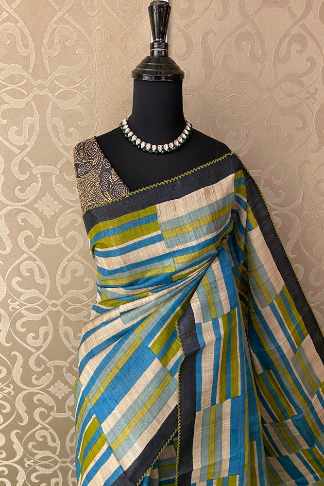 Multi Tussar Printed Embroidery Saree With Kantha Stitched Blouse