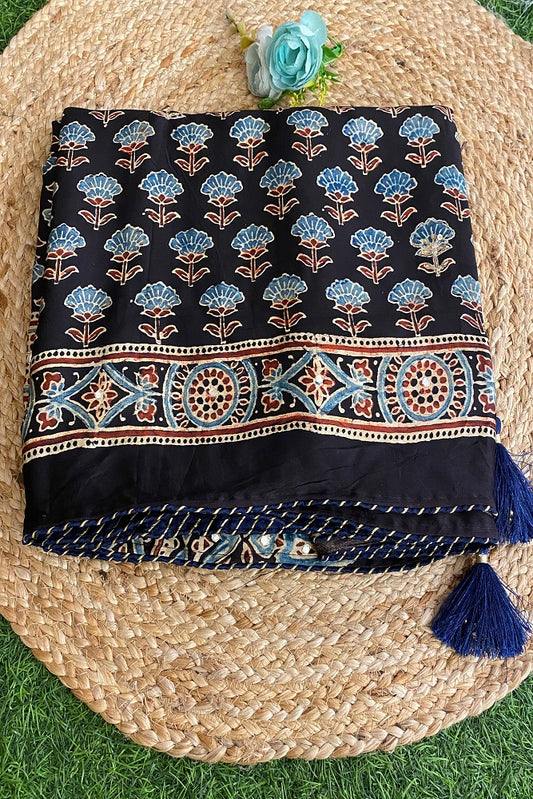 Black Pure Modal Silk Saree  Ajrakh  Print With Pitta Zari Work