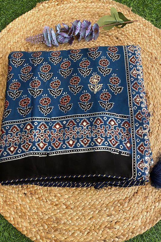 Blue Pure Modal Silk Saree  Ajrakh  Print With Pitta Zari Work