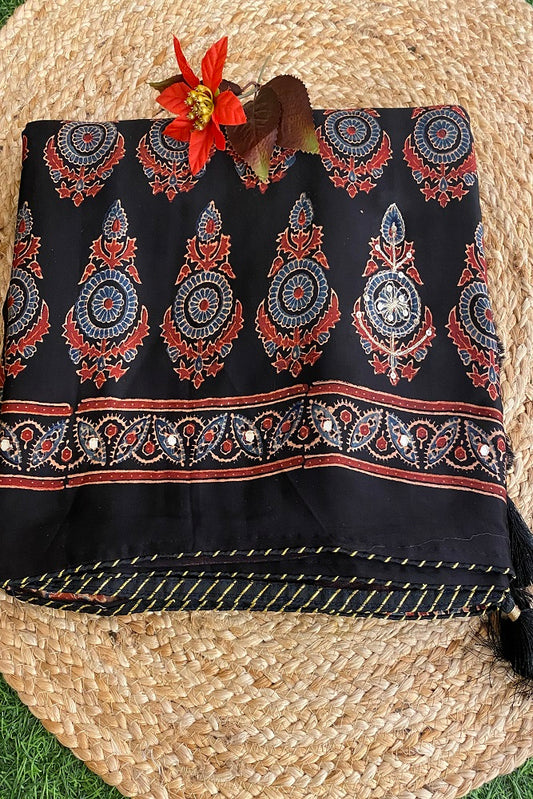 Black Pure Modal Silk Saree  Ajrakh  Print With Pitta Zari Work