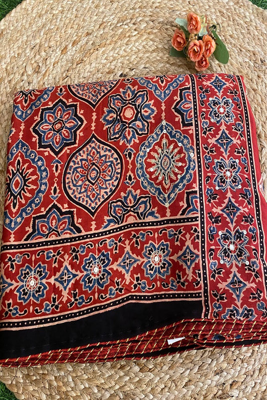 Red Pure Modal Silk Saree  Ajrakh  Print With Pitta Zari Work