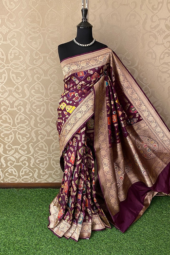 Wine Kadiyal Katan Banarasi Saree Minakari Woven Buta Work, With Unstiched Blouse