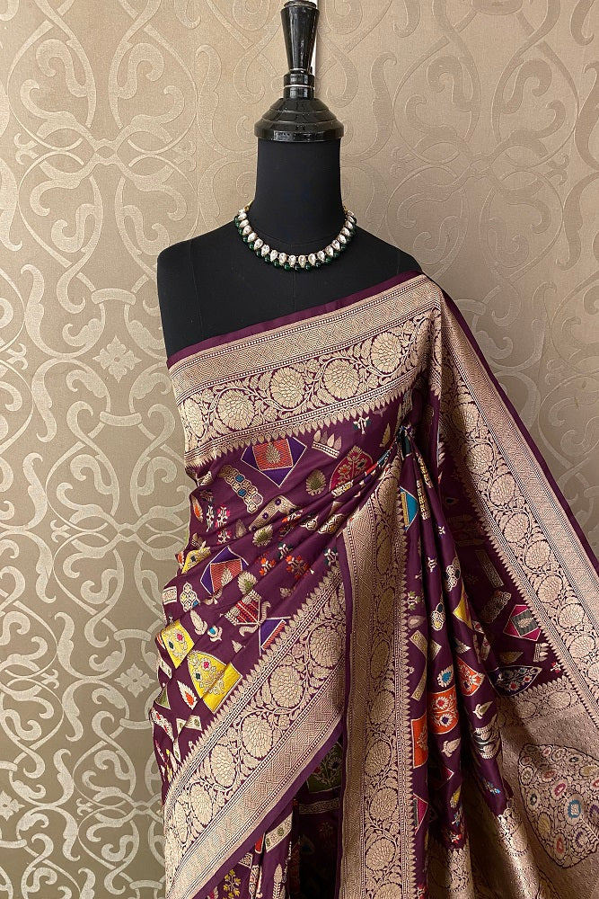Wine Kadiyal Katan Banarasi Saree Minakari Woven Buta Work, With Unstiched Blouse