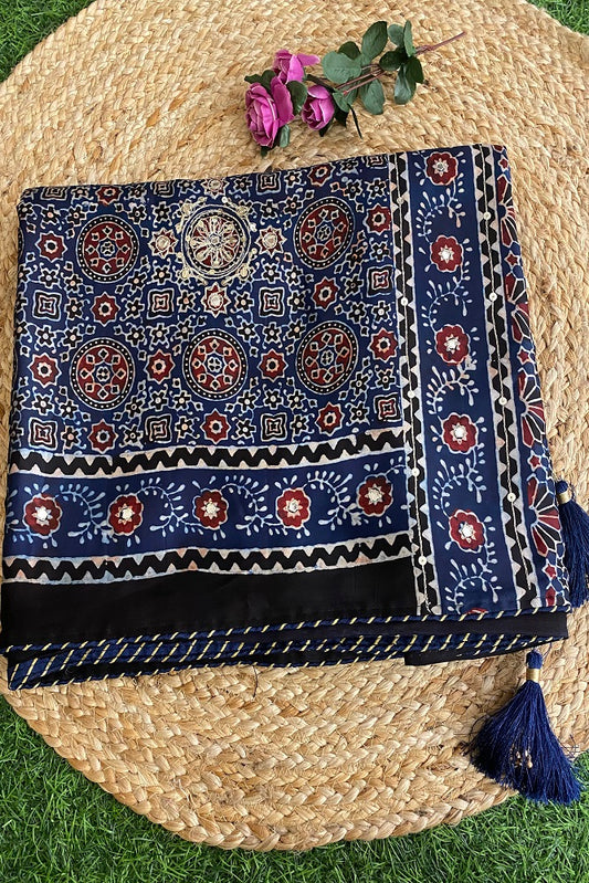 Blue Pure Modal Silk Saree  Ajrakh  Print With Pitta Zari Work
