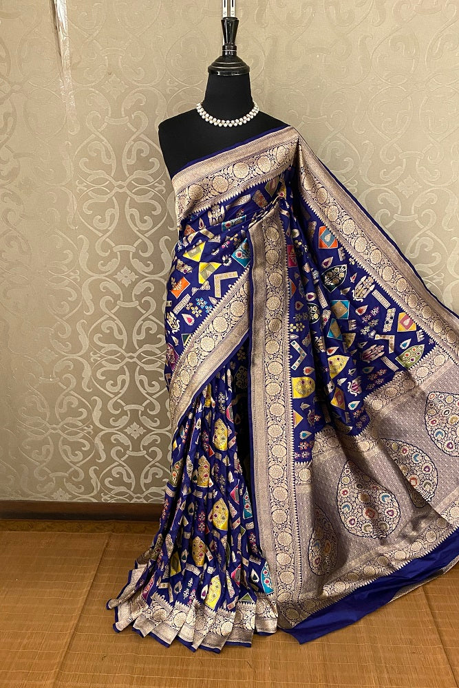 Blue Kadiyal Katan Banarasi Saree Minakari Woven Buta Work, With Unstiched Blouse