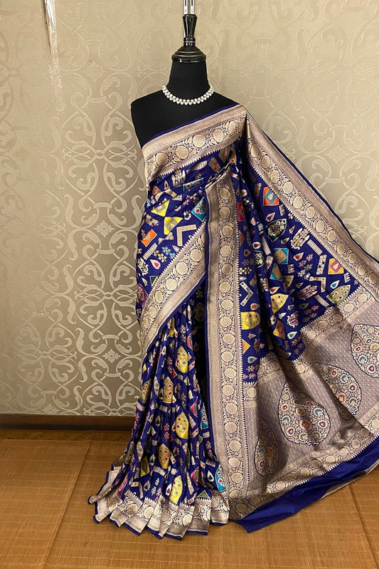 Blue Kadiyal Katan Banarasi Saree Minakari Woven Buta Work, With Unstiched Blouse