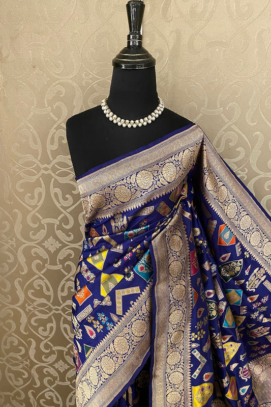 Blue Kadiyal Katan Banarasi Saree Minakari Woven Buta Work, With Unstiched Blouse