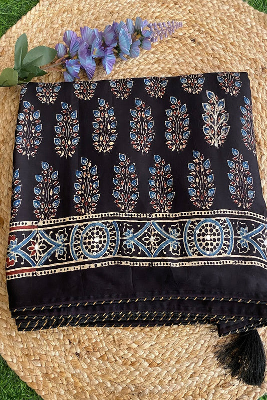 Black Pure Modal Silk Saree  Ajrakh  Print With Pitta Zari Work