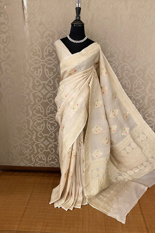 Offwhite Tussar Georgette Saree With MeenaKari Butas, With Unstiched Blouse
