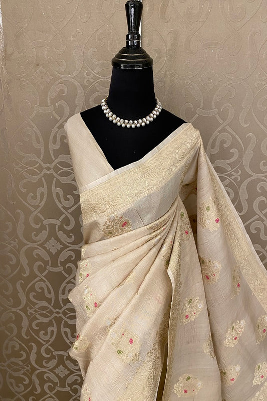 Offwhite Tussar Georgette Saree With MeenaKari Butas, With Unstiched Blouse