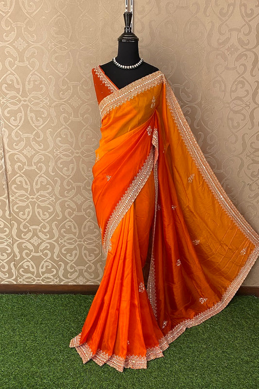 Orange Soft Organza Silk Hand Embroidery Saree, With Unstiched Blouse