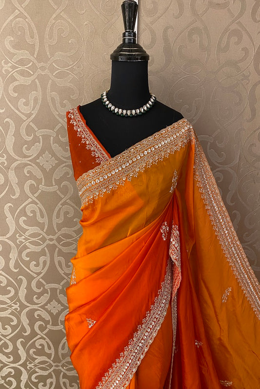 Orange Soft Organza Silk Hand Embroidery Saree, With Unstiched Blouse