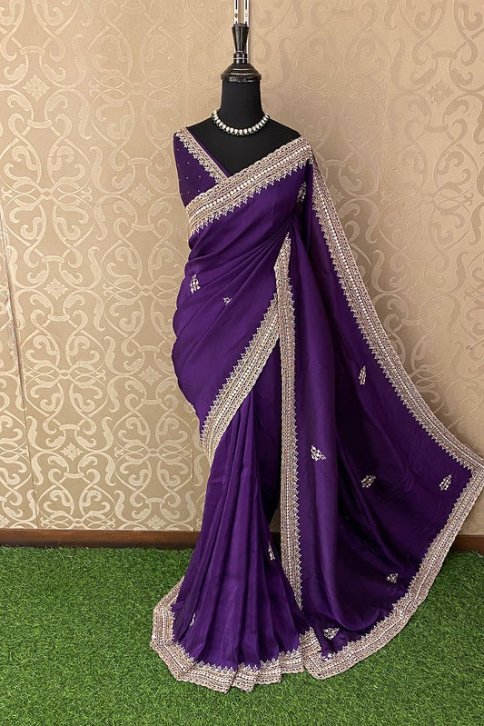 Purple Soft Organza Silk Hand Embroidery Saree, With Unstiched Blouse