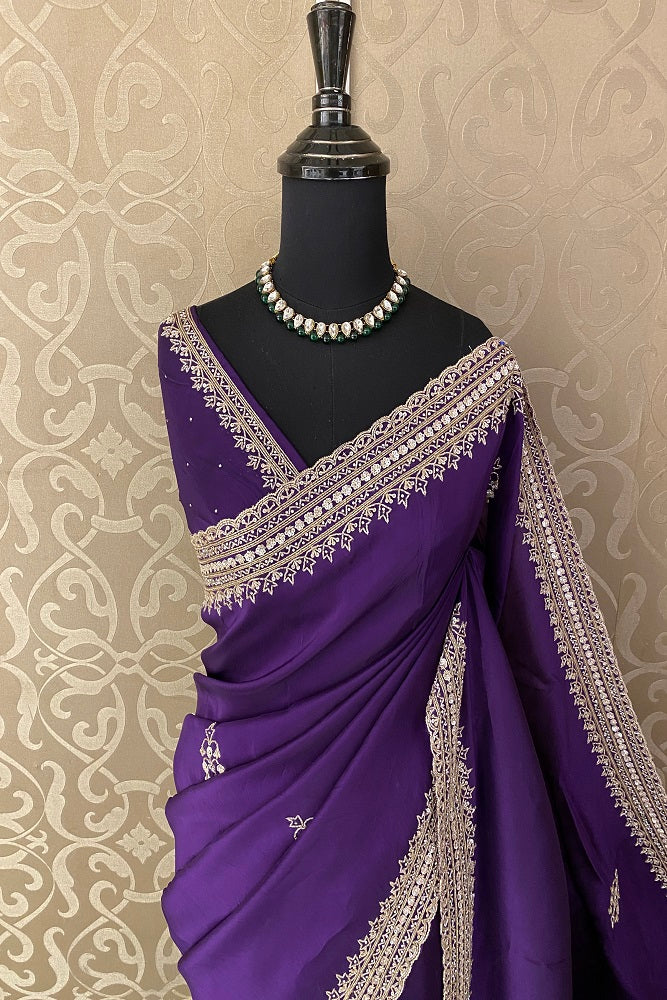 Purple Soft Organza Silk Hand Embroidery Saree, With Unstiched Blouse