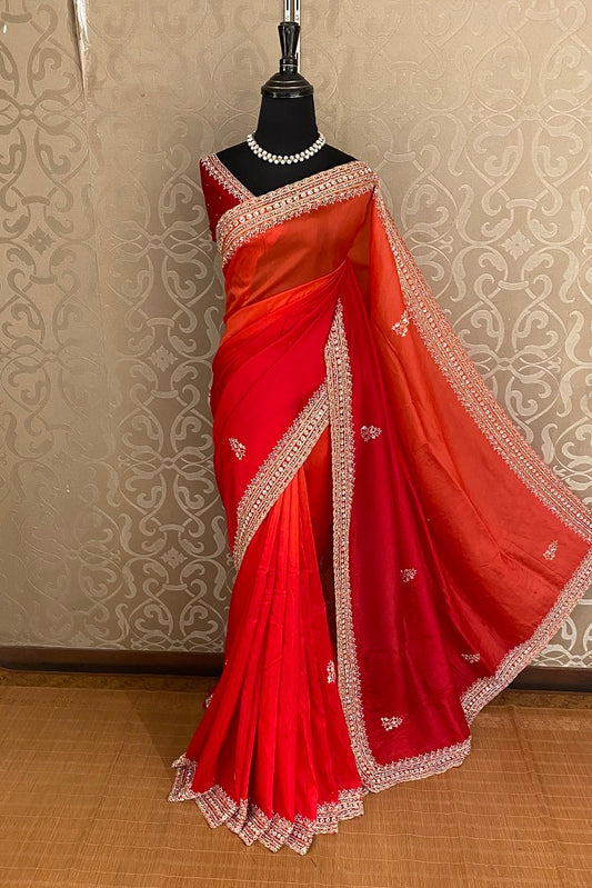 Red & Orange Soft Organza Silk Hand Embroidery Saree, With Unstiched Blouse