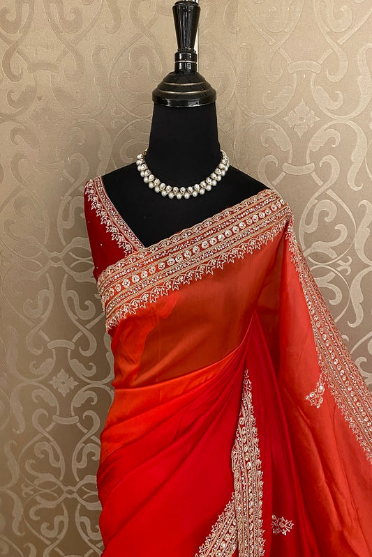 Red & Orange Soft Organza Silk Hand Embroidery Saree, With Unstiched Blouse