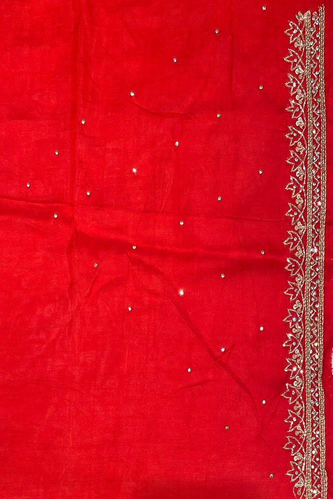 Red & Orange Soft Organza Silk Hand Embroidery Saree, With Unstiched Blouse